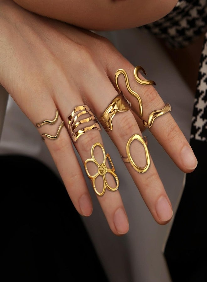 Kysppreu Gold Chunky Rings for Women Asymmetrical Wavy Curve Thumb Ring Irregular Thick Open Statement Rings Adjustable Stainless Steel Flower Finger Rings Non Tarnish - Image 2